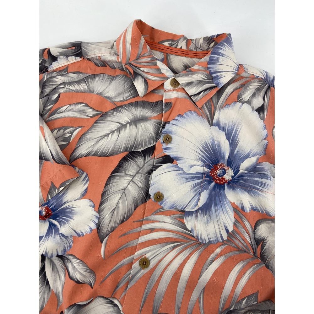 Tommy Bahama Shirt Mens Large Coral Floral Silk Hawaiian Tropical Casual Cruise
